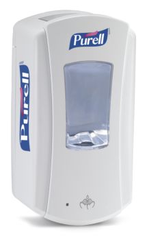 white sanitizer dispenser, hand sensor at bottom, Purell brand